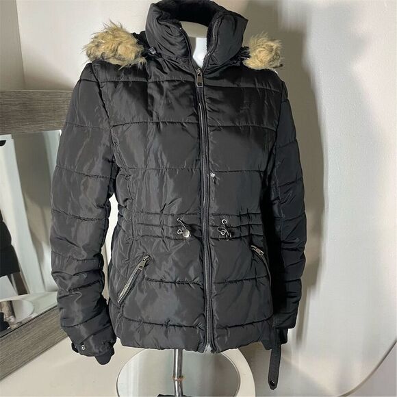 Special One Women's Black Puffer Jacket M Faux Fur Hood Winter Casual - Picture 2 of 11